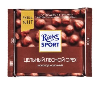 Ритер Спорт Extra nut Цельный лесной орех Молочный шоколад 100гр*10 /0001/корич.(0001) Ритер Спорт Extra nut Цельный лесной орех Молочный шоколад 100гр*10 /0001/