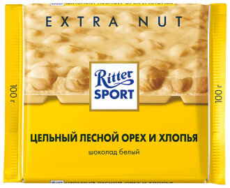 !!! Ритер Спорт Extra nut Цельный лесной орех - хлопья Белый шоколад  100гр*10 /1008/жёлтый Ритер Спорт Extra nut Цельный лесной орех - хлопья Белый шоколад  100гр*10 /1008/