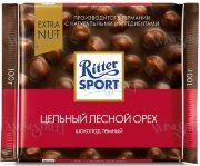 Ритер Спорт Extra nut Цельный лесной орех Темный шоколад 100гр*10 /702005/красный