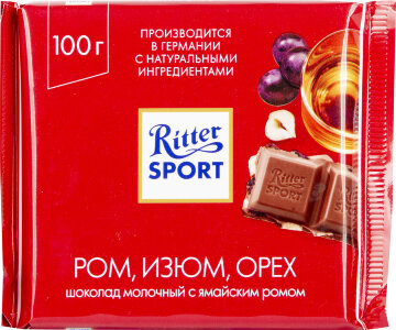 Ритер Спорт Ром,Изюм,Орех Молочный шоколад 100гр*12 красный/12005/
