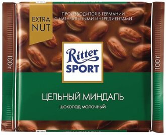Ритер Спорт Extra nut Цельный миндаль Молочный шоколад 100гр*11 тёмно-зелёный /3002/ Ритер Спорт Extra nut Цельный миндаль Молочный шоколад 100гр*11 /3002/